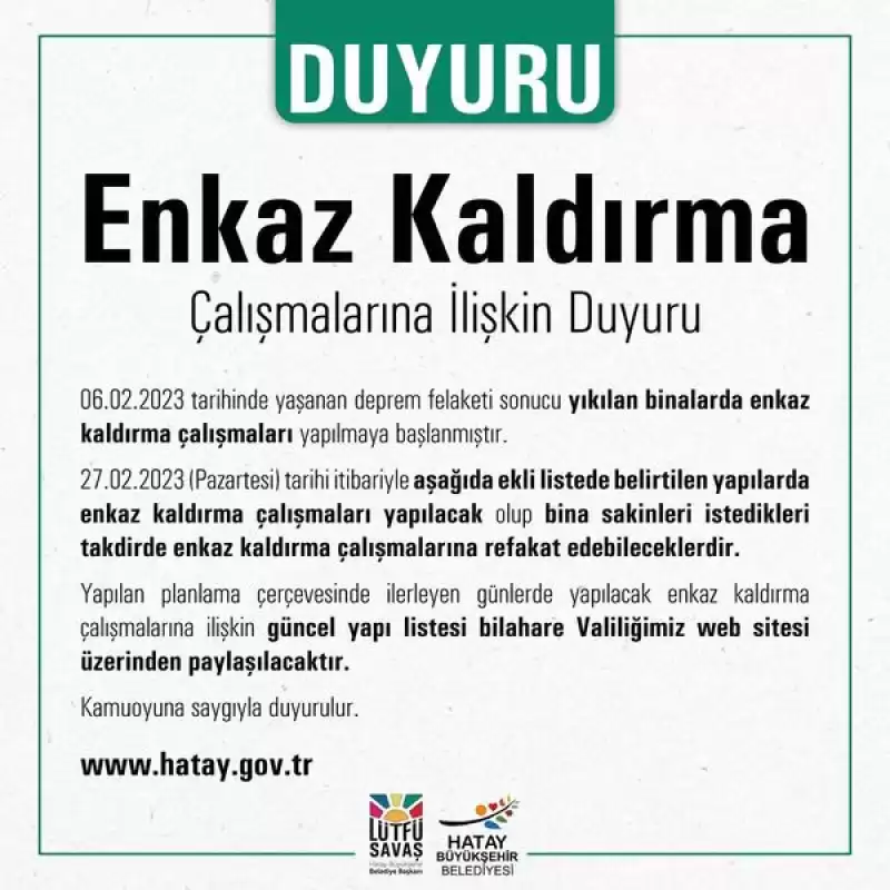 Enkaz Kaldırma çalışmaları Için Duyuru