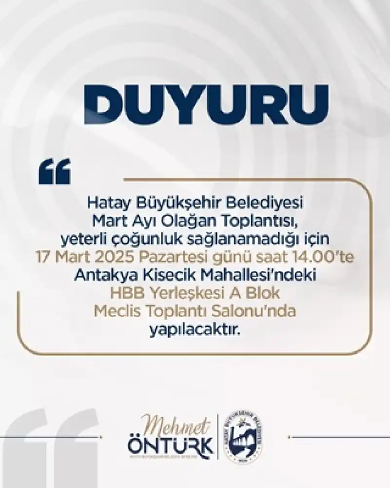 HBB Meclisi, Mart Ayı Olağan Toplantısı Ertelendi